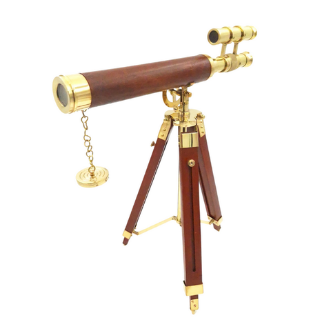 Elegantiškas žalvarinis teleskopas ant medinio trikojo, retro jūrinis, 57 cm