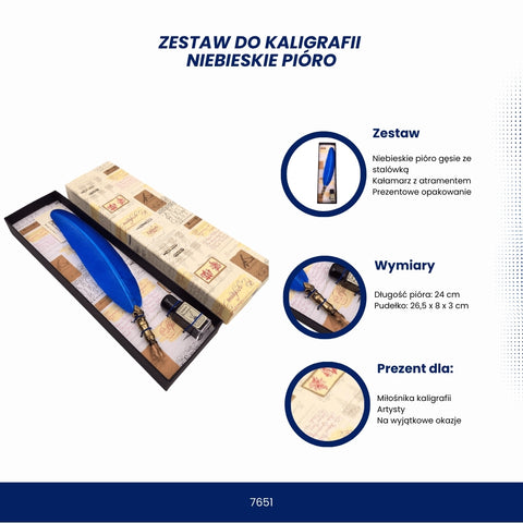 Kaligrafijos plunksna mėlyna su žalvariniu laikikliu ir buteliuku juodo rašalo dovaniniame dėkle, 24 cm
