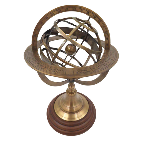 Žalvarinė astrolabija – armiliarinė sfera 28 cm, medinis pagrindas