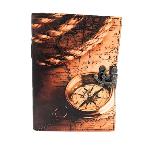 Odinė užrašų knygutė su kompasu, ožkos oda, 200 psl., 125 gsm keliautojams