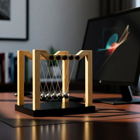 Didelis Niutono lopšys – medžio ir plieno antistresinis stalo dekoras