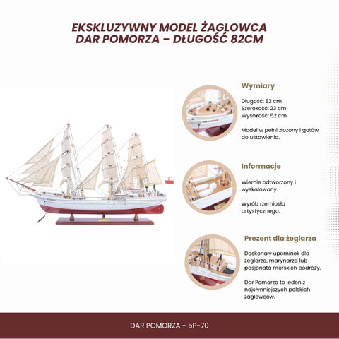 Dar Pomorza burlaivio rankų darbo modelis 82 cm – jūrinė dekoracija