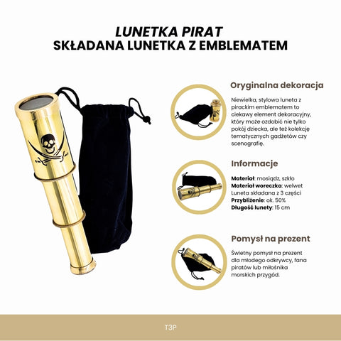 Žalvarinis sulankstomas pirato teleskopas su kaukolės emblema – vaikams