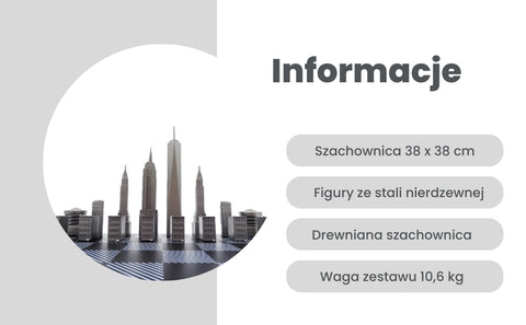 Prabangus Niujorko „Skyline“ šachmatų rinkinys, nerūdijančio plieno figūros