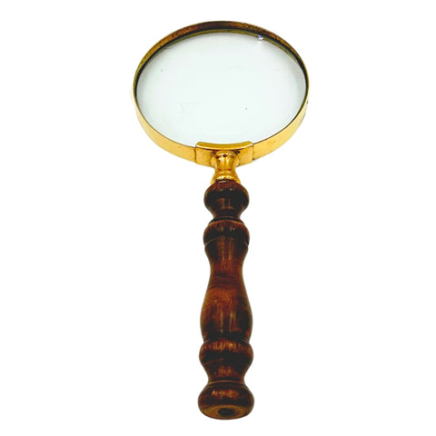 Retro žalvarinis didinamasis stiklas su medine rankena, 18 cm