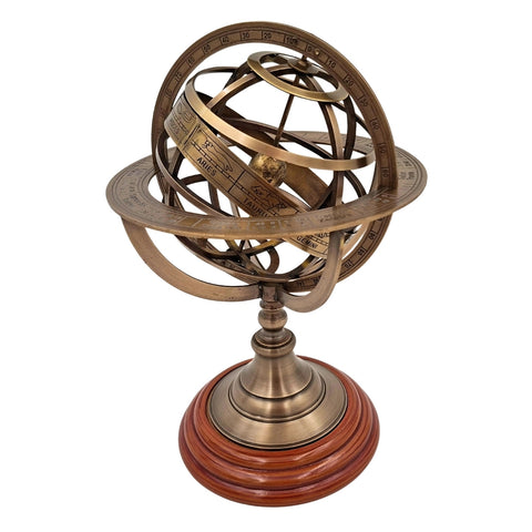Žalvarinė armiliarinė sfera-astrolabija ant medinio pagrindo, 28 cm