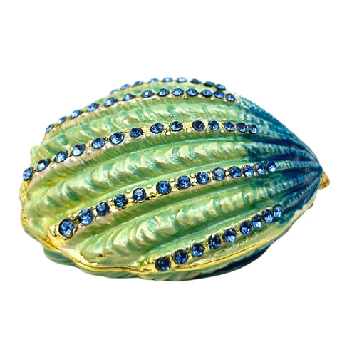 Kriauklės formos metalinė papuošalų dėžutė su mėlynais kristalais