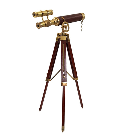 Elegantiškas žalvarinis teleskopas ant medinio trikojo, retro jūrinis, 57 cm
