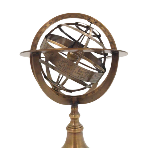 Žalvarinė astrolabija – armiliarinė sfera 28 cm, medinis pagrindas