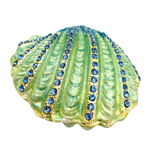 Kriauklės formos metalinė papuošalų dėžutė su mėlynais kristalais