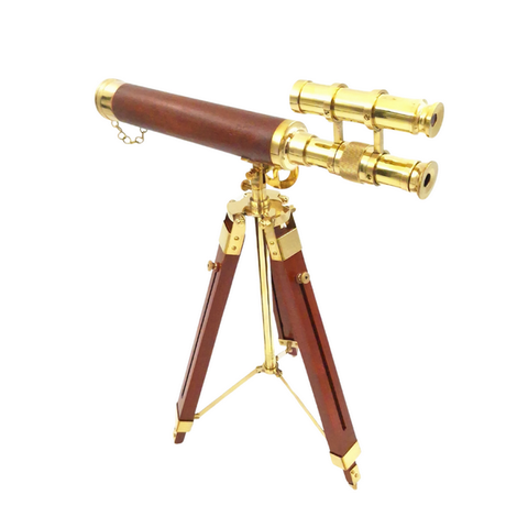 Elegantiškas žalvarinis teleskopas ant medinio trikojo, retro jūrinis, 57 cm