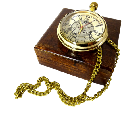 Retro kišeninis mechaninis laikrodis su matoma mechanika, medinėje dėžutėje