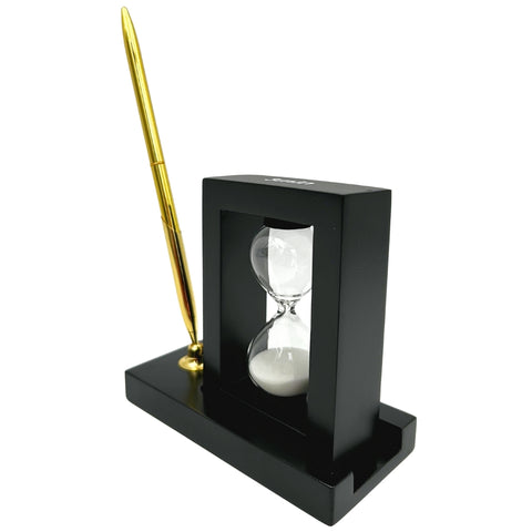 Stalo rinkinys: rašiklio laikiklis ir 3 min. smėlio laikrodis – juodas biurui