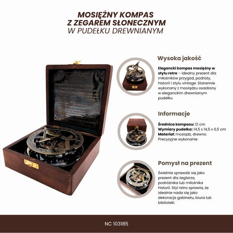Žalvarinis kompasas su saulės laikrodžiu medinėje dėžutėje, retro dovana
