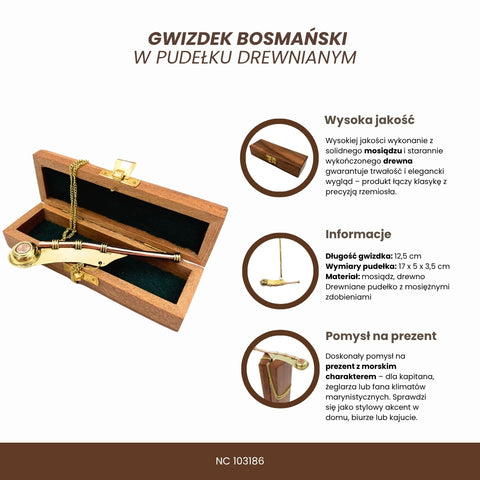 Žalvarinis bocmano švilpukas medinėje dėžutėje – jūrinė dovana