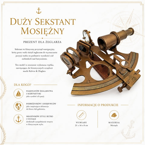 Didelis žalvarinis sekstantas – jūrininko dovana, vintage navigacijos dekoras