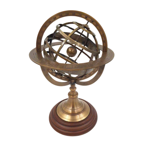 Žalvarinė astrolabija – armiliarinė sfera 28 cm, medinis pagrindas