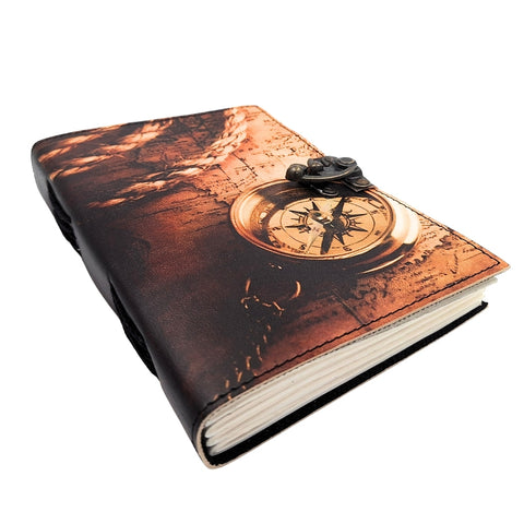 Odinė užrašų knygutė su kompasu, ožkos oda, 200 psl., 125 gsm keliautojams