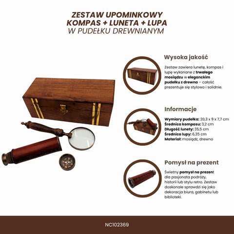 Vintažinis keliautojo rinkinys: kompasas, teleskopas, lupa medinėje dėžutėje