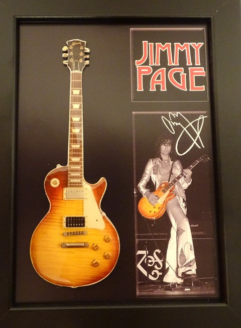 Jimmy Page mini gitara rėmelyje – kolekcinė dovana Led Zeppelin fanams