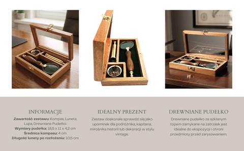 Retro keliautojo rinkinys: teleskopas, kompasas ir lupa dėžėje