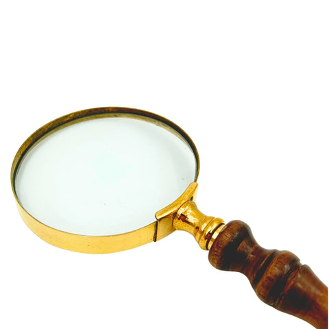 Retro žalvarinis didinamasis stiklas su medine rankena, 18 cm