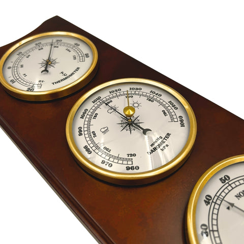 Retro sieninė orų stotelė 36 cm: barometras, termometras, higrometras medinė
