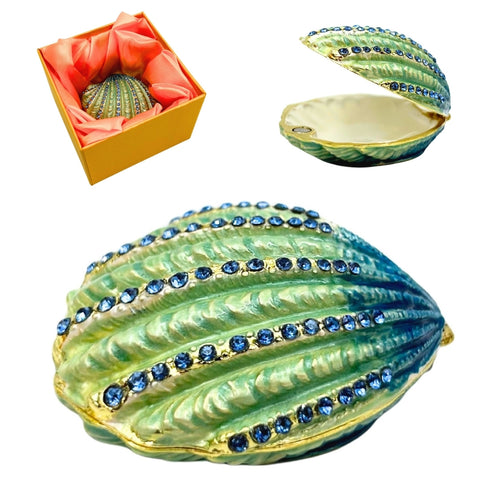 Kriauklės formos metalinė papuošalų dėžutė su mėlynais kristalais