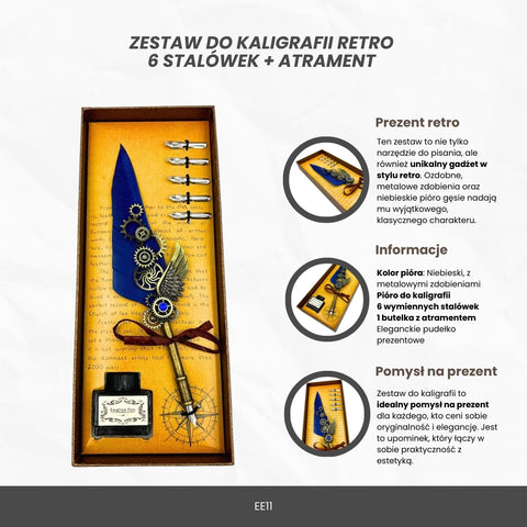 Mėlynas retro kaligrafijos rinkinys su žąsies plunksna, 6 antgaliai