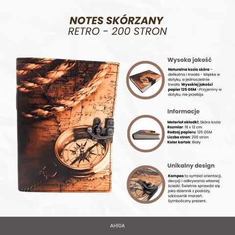 Odinis kelionių užrašų sąsiuvinis su kompasu, retro stiliaus, 200 psl.