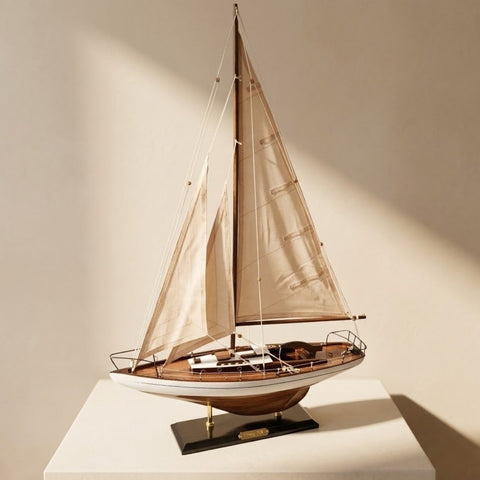 Elegantiškas burlaivio modelis 66 cm – jūrinė interjero dekoracija