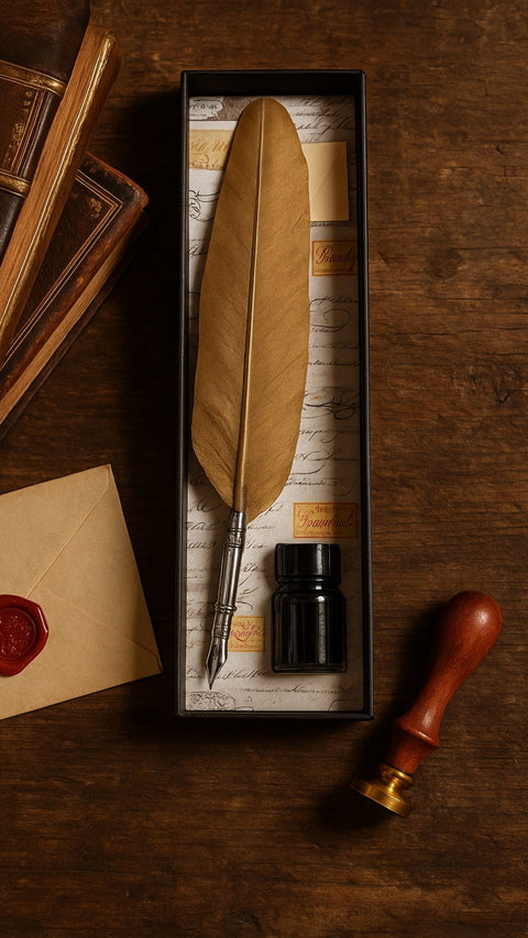Plunksninis rašiklis aukso atspalvio dovanų dėžutėje su juodu rašalu ir vaškuotu antspaudu, fotografuota iš viršaus