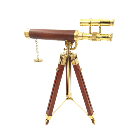 Elegantiškas žalvarinis teleskopas ant medinio trikojo, retro jūrinis, 57 cm