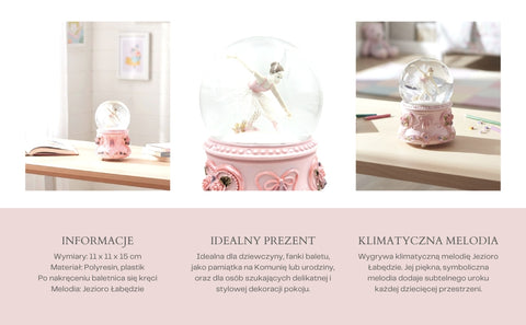 Muzikinė dėžutė su šokančia balerina stiklo gaublyje, 15 cm, Gulbių ežeras