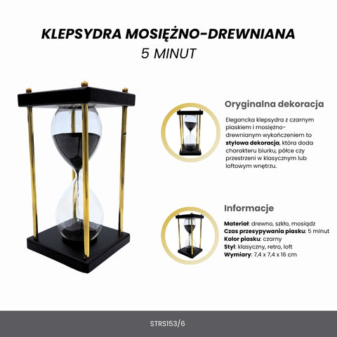 Žalvario ir medžio smėlio laikrodis 5 min su juodu smėliu – klasikinis