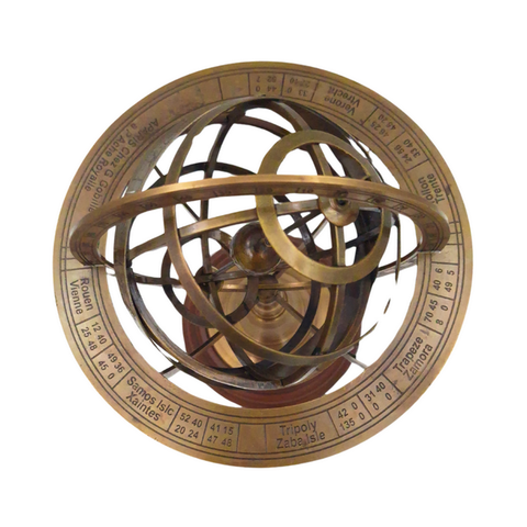 Žalvarinė astrolabija – armiliarinė sfera 28 cm, medinis pagrindas