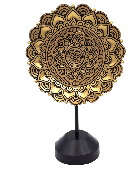 Auksinė mandalos skulptūrėlė – elegantiška budistinė dekoracija, 28 cm