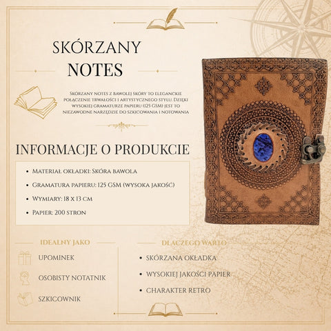 Retro odinis buivolo odos dienoraštis su akmeniu, 200 psl., 125 gsm