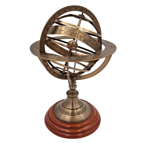 Žalvarinė armiliarinė sfera-astrolabija ant medinio pagrindo, 28 cm