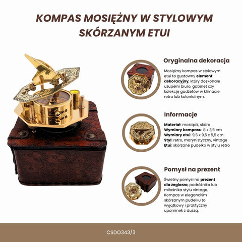 Vintažinis žalvarinis kompasas odiniame dėkle – elegantiška dovana keliautojams