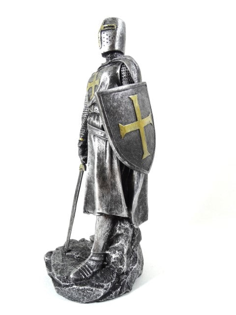 Įspūdinga riterio kryžiuočio dervos statulėlė, 30 cm – sidabro atspalviai