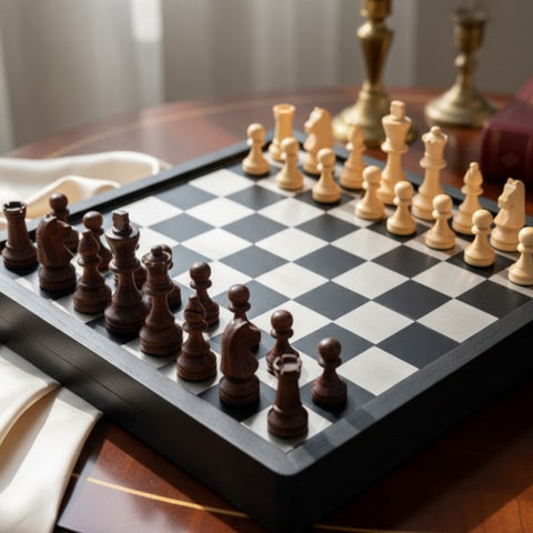 Šachmatų rinkinys 33x33 cm: medinė lenta su metalu, medinės figūros – išpardavimas