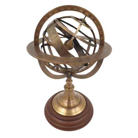 Žalvarinė astrolabija – armiliarinė sfera 28 cm, medinis pagrindas
