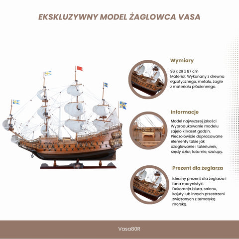 Vasa burlaivio modelis su išskleistomis burėmis – kolekcinis, rankų darbo
