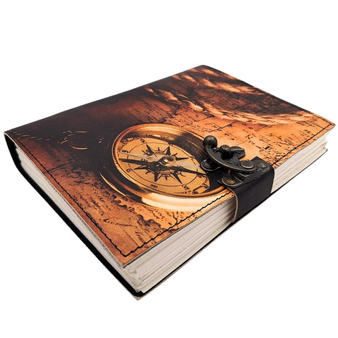 Odinė užrašų knygutė su kompasu, ožkos oda, 200 psl., 125 gsm keliautojams