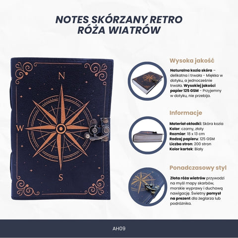 Odinė užrašų knygutė „Auksinė vėjų rožė“, tamsiai mėlyna, retro