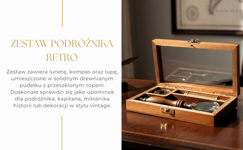 Retro keliautojo rinkinys: teleskopas, kompasas ir lupa dėžėje