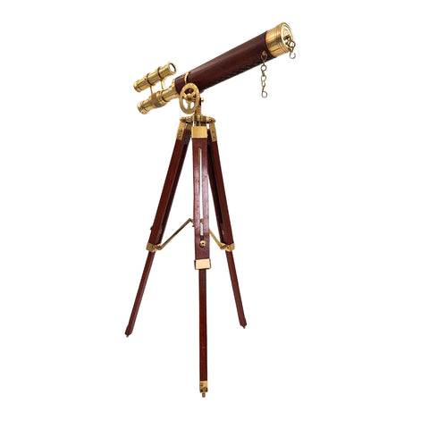 Elegantiškas žalvarinis teleskopas ant medinio trikojo, retro jūrinis, 57 cm