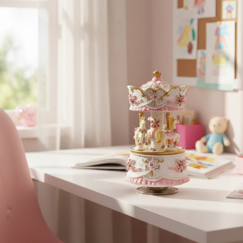 Muzikinė dėžutė karuselė su žirgeliais – pastelinė rožinė, Dangaus pilis