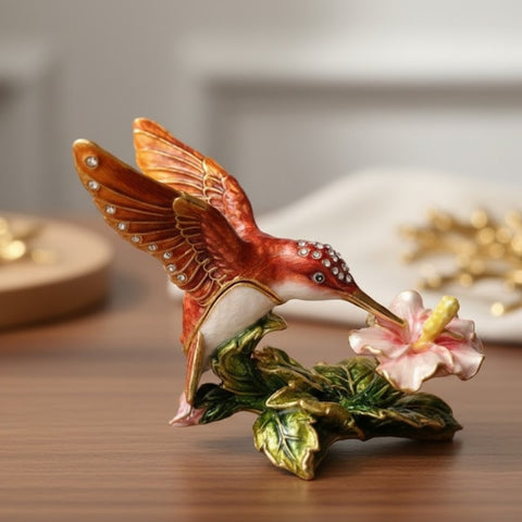 Kristalais dekoruota kolibrio formos atidaroma papuošalų dėžutė